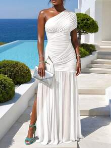 ChicMe Women's Pleated Mesh Long Dress, Gold Button High Slit Fitted Evening Party Gown - White - View 2