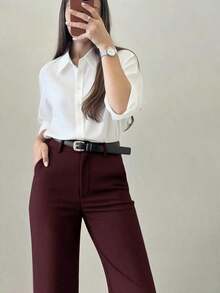 Pantalones casuales de pierna acampanada con diseño minimalista para mujer, adecuados para ir al trabajo, la oficina, uso diario, todo el año, color rosa primaveral - Burdeos - Ver 3