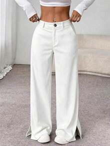 Unity Pantalones largos rectos y sueltos de mujer con abertura lateral, de tela de pana, para otoño/invierno - Blanco - Ver 6