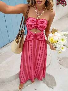 Vestido de gasa con estampado para primavera y verano con cuello de halter para mujeres - Rosa - Ver 5