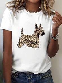 Camiseta Gráfica de Terrier Escocés y Leopardo para Mujer - Manga Corta, Cuello Redondo, Estilo Casual, Tejido Transpirable de Elasticidad Media, Lavable a Máquina, Corte Regular para Verano y Primavera, Camisetas con Diseño de Perro, Diseño Divertido, Ajuste Cómodo - Blanco - Ver 7