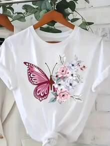 Camiseta Elegante para Mujer con Estampado - Cómoda y Sencilla, Cuello Redondo, Perfecta para Cualquier Temporada, Top Casual Chic para Comodidad Todo el Año, Camiseta para Mujer, Estilo sin Esfuerzo, Material Elástico, Ideal para Festivales, Vestimenta Casual. - Blanco - Ver 7