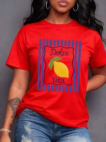 The Vibrant 'Dolce Vita' Print Featuring A Sunny Lemon Represents The Joy, Optimism, And Pleasures Of Mediterranean Life. This 100% Cotton Women's T-Shirt Evokes Sunshine, Freshness, And A Touch Of Summer Happiness. - 紅色 - 查看 7