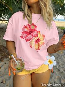 Round Neck Design, Women's Hawaiian Style T-Shirt With Tropical Floral Print, Summer Round Neck T-Shirt, Floral Print Top With Round Neck, Soft And Stretchy, Suitable For Spring, Summer And Autumn, Machine Washable, Available In Multiple Colors, Classic And Modern Round Neck, Breathable Fabric, Opaque Material, Loose And Versatile, Suitable For Urban Use, Multicolor Design, Suitable For All Seasons. - 白色 - 查看 8