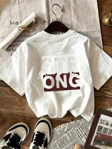 Women's Oversized White 'Strong' Graphic T-Shirt Casual Short Sleeve Round Neck Drop Shoulder Tee - Blanco - Ver 5