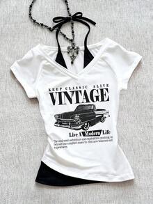 Camiseta de mujer casual de cuello en V retro, con atar, de manga corta y contraste de color, adecuada para el verano - Blanco - Ver 1