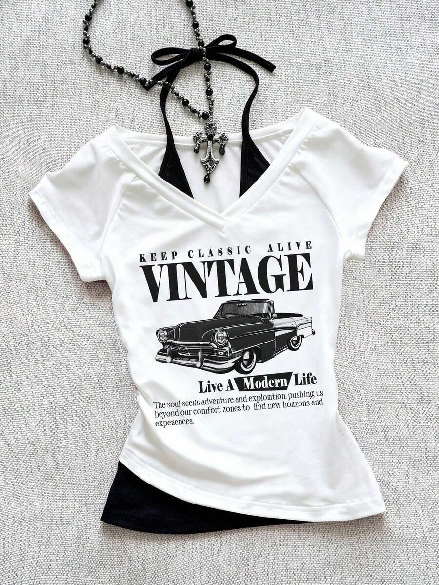 Camiseta de mujer casual de cuello en V retro, con atar, de manga corta y contraste de color, adecuada para el verano - Blanco - Ver 1