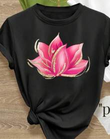 Camiseta Botánica Vintage para Mujer - Blusa de Manga Corta con Cuello Redondo y Dibujos de Plantas Multicolor, Casual, Lavable a Máquina (Prenda Esencial para el Guardarropa de Primavera, Verano y Otoño), Pieza única, no es un conjunto de 3 piezas.Camiseta casual y versátil - Negro - Ver 2