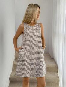 Vestido de lino sin mangas de línea A con bolsillos acolchados, conjunto de vacaciones elegante con estilo "Old Money" para mujer - Multicolor 3 - Ver 4