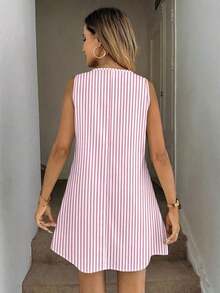 Vestido casual de mujer de línea A sin mangas a rayas con bolsillos acolchados, conjunto elegante de vacaciones, estilo retro lujoso - Multicolor 8 - Ver 5