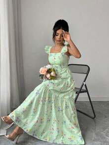 Elenzya Vestido con cintura fruncida y estampado floral para mujer, adecuado para ir a trabajar, salir, picnic, cita de San Valentín, resort de spa, fiesta en la playa, viajes y ocio - verde menta - Ver 5