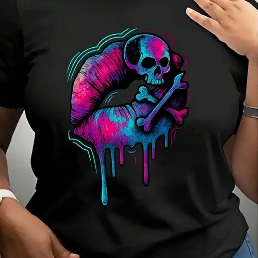 Short-Sleeved, Round-Neck T-Shirt, Ideal For Spring, Autumn, And Winter; With A Modern And Original Print; Perfect For Casual Travel And Lounging At Home; Also An Excellent Choice For Holiday Outfits And As A Gift. - 黑色 - 查看 1