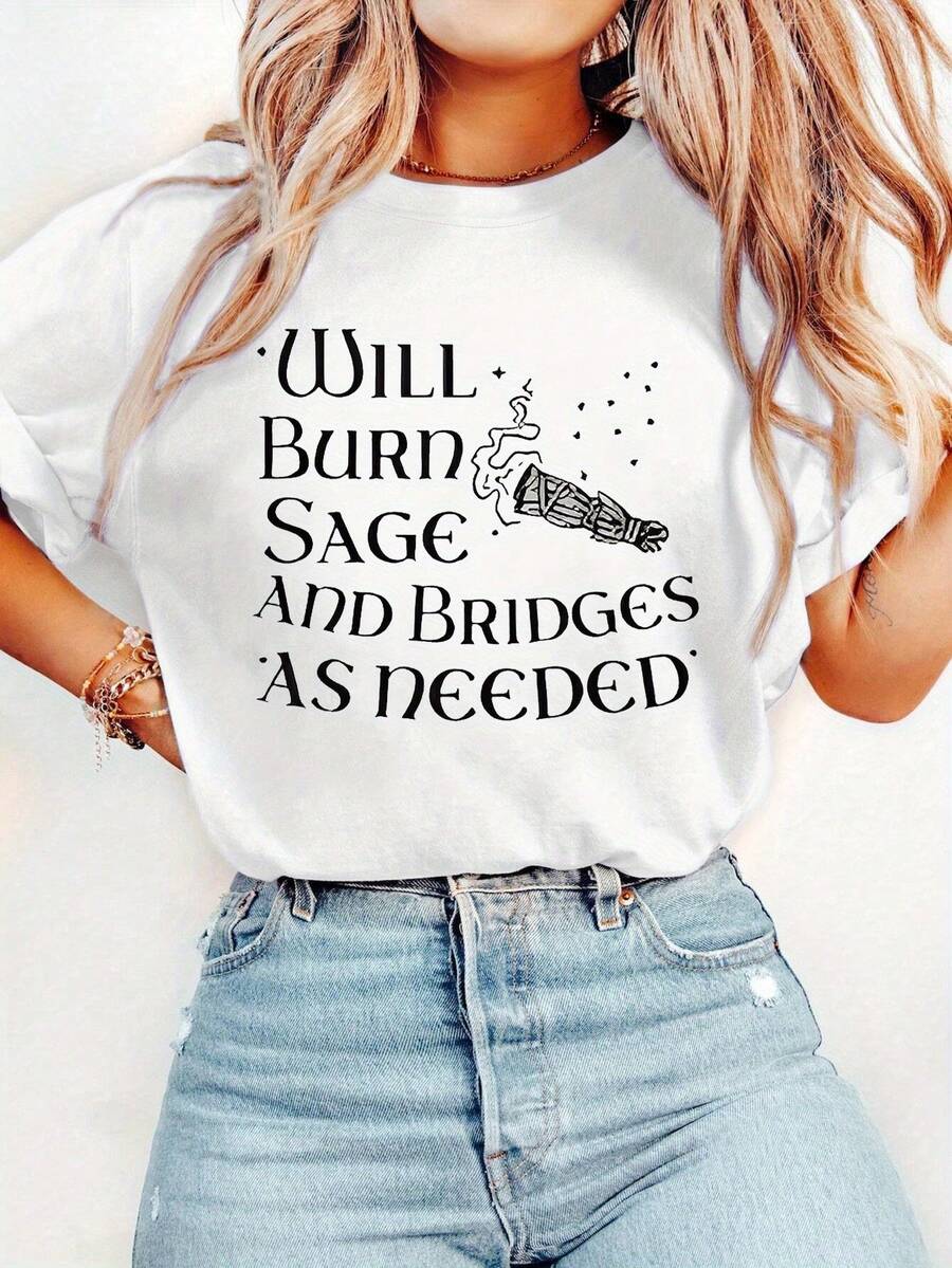 1 camiseta blanca divertida para mujer - con estampado "Quemaré salvia y puentes según sea necesario", atuendo casual, regalo perfecto para cumpleaños o días festivos, tela de poliéster suave, lavable a máquina, comodidad para todas las estaciones, top casual para vacaciones.| Camiseta de Estilo Casual| Machine Washable Top, Ladies T Shirts Y2k Camiseta Camisa De - Negro - Ver 1