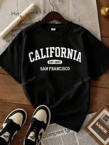 Women's Short-Sleeved T-Shirt With A Round Neck, Loose Fit, Casual And Versatile. Featuring A Modern, Elegant And Sophisticated Print Of Simple Letters And A California Design, Ideal As A Basic Garment; Made From Soft Fabric With Excellent Drape. - 黑色 - 查看 6