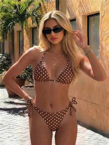 Bộ bikini 2 mảnh thời trang nữ, họa tiết chấm bi đen trắng dễ thương, thích hợp cho kỳ nghỉ hè ở bãi biển và spa. - màu nâu - Xem 1