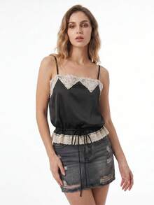 Women's Satin Summer Slim Camisole Spaghetti Strap Lace Patchwork Tank Tops With Adjustable Drawstring Waist - Black - View 4