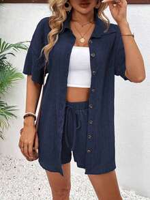 Conjunto de 2 piezas con blusa de manga corta de cuello de botones y shorts con lazo delantero, sencillo, para mujer - Azul marino - Ver 5