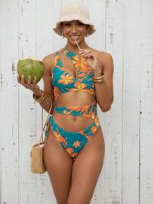 Traje de baño monokini sexy para mujer, diseño de un hombro con recortes, elegante para vacaciones de verano en la playa, color negro - Azul lago + naranja - Ver 4