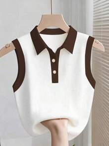 Parte superior sin mangas de contraste de color versátil casual para mujer, top blanco y negro, blusas de verano para mujer, blusas lindas y preppy, top de punto de verano sin mangas, camisa polo de punto para mujer, blusas de punto de verano par - Café integral - Ver 6