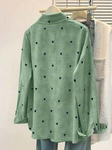 Camisa polo de manga larga con bolsillo y estampado de corazón de unicolor básico casual para mujer, adecuada para uso diario en , verano y otoño - Verde - Ver 5