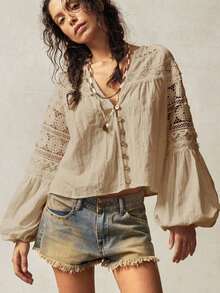 Blusa de manga larga y botones con corte suelto informal para mujer, adecuada para vacaciones - Albaricoque - Ver 3