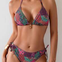 Bikini Set With Vintage Floral Print, Strapless Triangle Top And Lined Briefs, Two-Piece Set In Pink - Red Stamp - View 2