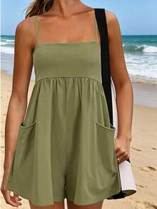 Women Casual Romper Sleeveless Square Neck Playsuit Loose Fit Wide Leg Short Jumpsuit Lightweight Breathable Lounge Outfit Beach Vacation Style Pocket Design Summer Travel Outfit For Women - 白色 - 查看 2