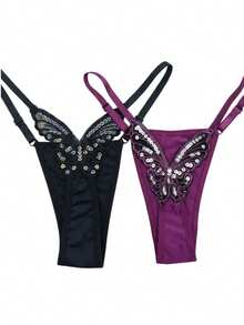 CALCINHA BORBOLETA KIT 2 FIO DENTAL MICROFIBRA LINGERIE TANGA SEXY SENSUAL REGULAVEL G STRING - Preto e Roxo - Visão 2