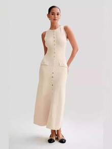 Vestido de punto ajustado sin mangas de cuello redondo de nueva colección - Albaricoque - Ver 1