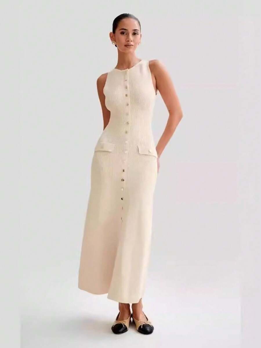 Vestido de punto ajustado sin mangas de cuello redondo de nueva colección - Albaricoque - Ver 1
