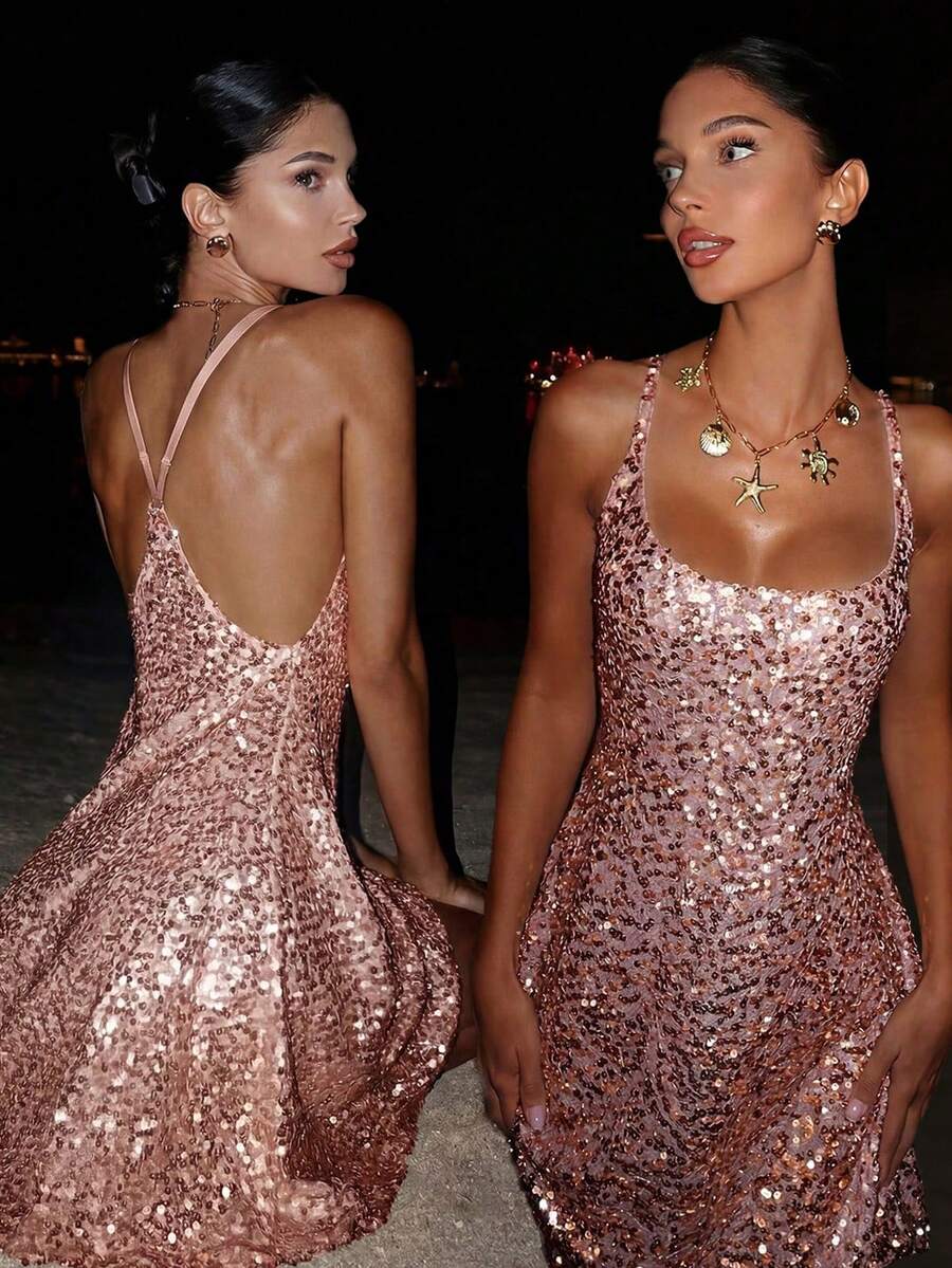 New Sequin Backless Slip Dress, Suitable For Cocktail Party, Ball, Gathering Vacation Wedding - Dusty Pink - View 1
