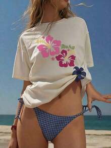 1 pieza de camiseta de manga corta para mujer, estilo casual de verano, con estampados de letras simples, animales marinos, caparazón de tortuga y flores, corte holgado, cuello redondo, color azul claro, ideal para uso diario y de vacaciones, envío gratis, ropa de mujer, camisetas de verano para mujer, ropa de algodón para mujer, 180g 100% algodón, todos los estampados son impresos. Unisexo. - Blanco 3 - Ver 11