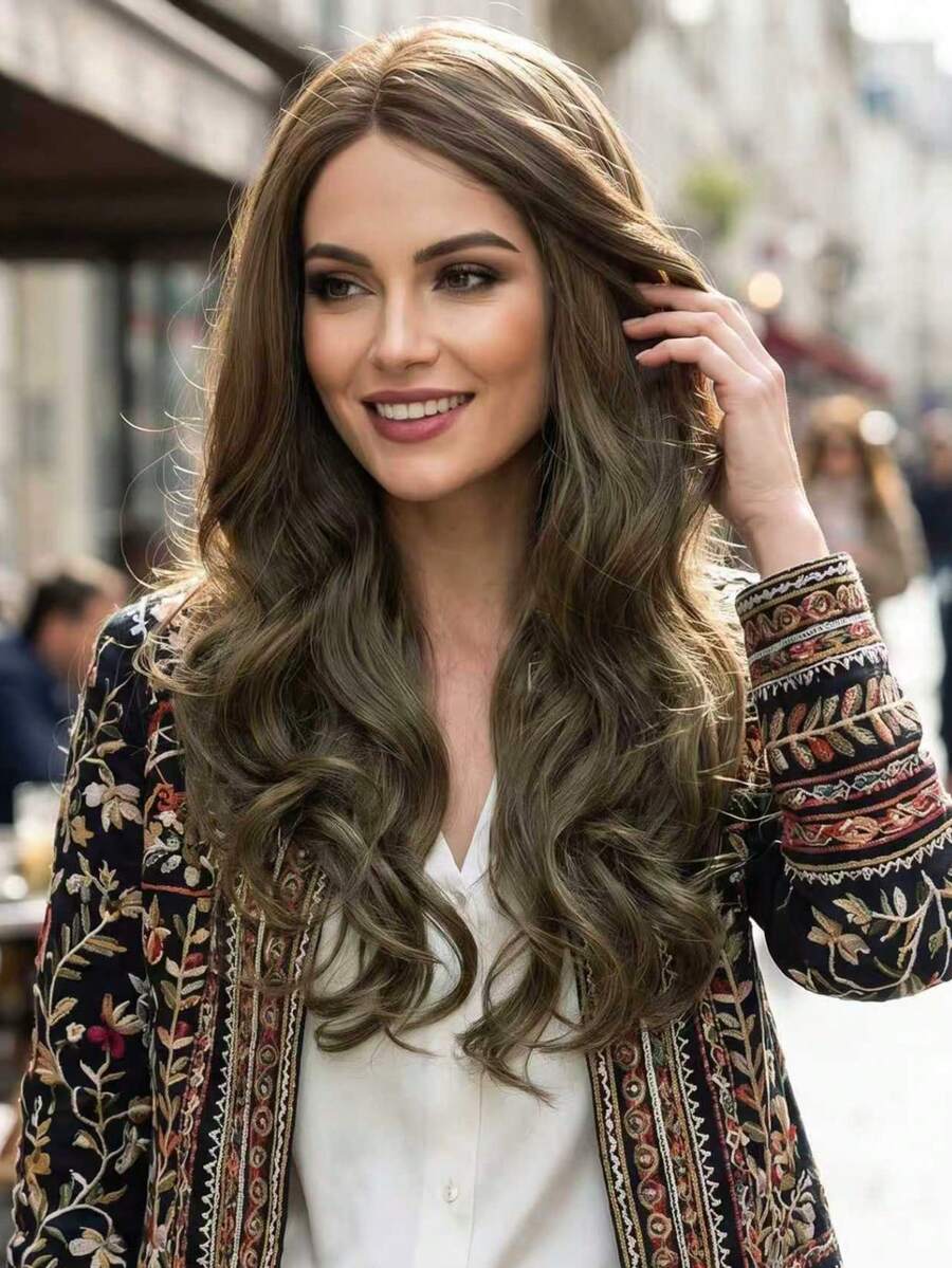 Tóc giả dài, xoăn bồng bềnh, kiểu T-Lace Frontal có mái - Tóc tổng hợp, thích hợp sử dụng hàng ngày. - màu nâu - Xem 1