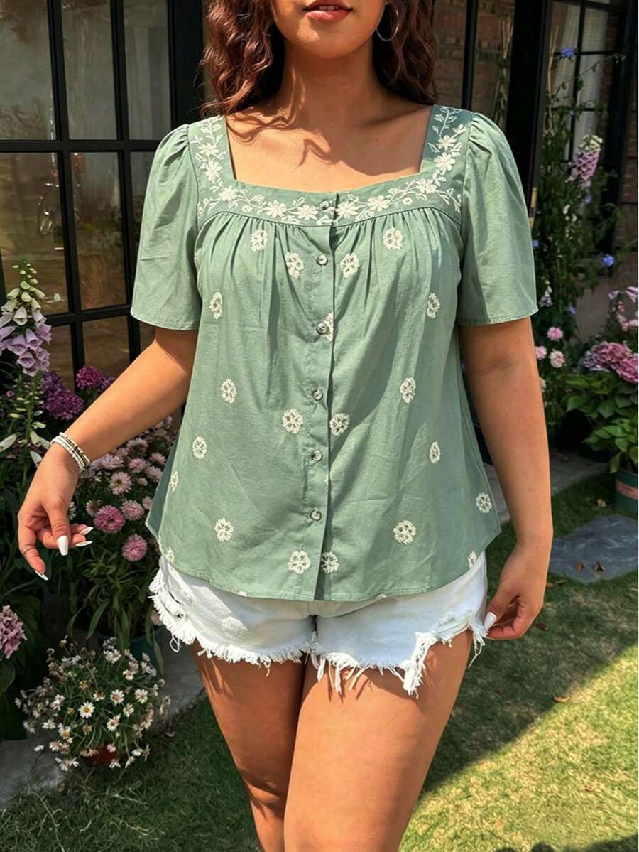 大码女式印花单排扣褶裥休闲百搭日常上衣，适合度假和夏季穿着 - 橄欖綠 - 查看 1