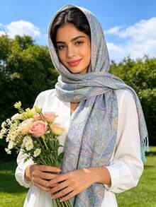1 chiếc khăn choàng nữ phong cách Boho có tua rua, họa tiết Paisley, khăn trùm đầu Hồi giáo Pashmina họa tiết đá, màu hồng, nhiều kiểu dáng khăn trùm đầu tinh tế, thích hợp làm quà tặng, phù hợp cho các hoạt động hàng ngày mùa thu và mùa đông. - Màu xanh nhạt - Xem 1