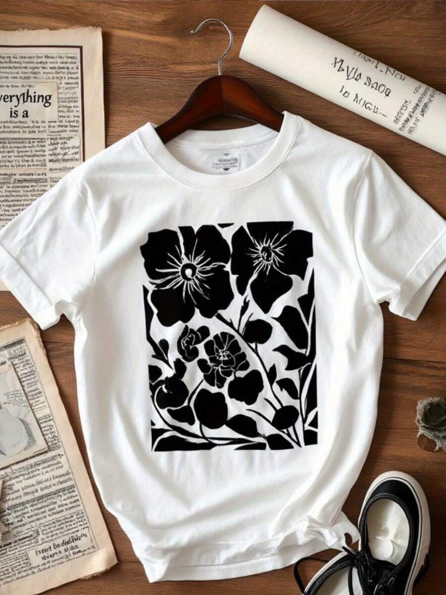 Camiseta de manga corta sobredimension de las mujeres - blanco con impresión floral grande negro (tulipán / lirio / peonía) - cuello redondo suave casual suelto ence superior, blusa lavable en máquina de toda la tempor para tre casual y tres de festival - idea de regalo