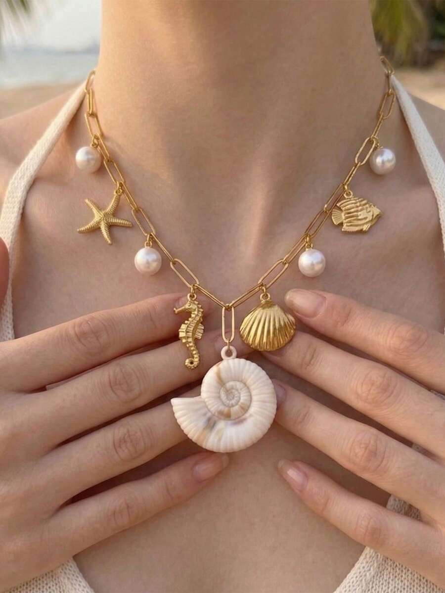 女士夏季海洋风海螺海星贝壳多吊坠不锈钢项链（1 件装） - 項鍊 - 查看 1