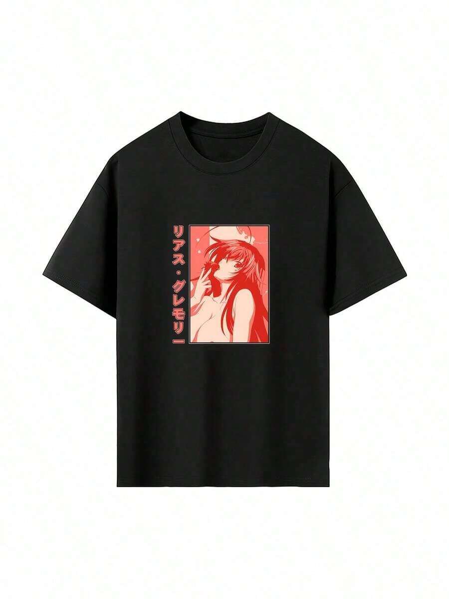Camiseta gráfica de anime para hombres RIAS Gremory - Camiseta negra de cuello redondo con letras japonesas rojas y estampado DIAS Gremory, tela suave y transpirable, ajuste cómodo para todas las estaciones para uso casual y convenciones de anime, ropa casual de anime para fans, atuendo de convenciones, camiseta gráfica para hombres, camiseta para hombres, ropa de hombre, camisa de hombre Y2k Camiseta Camisa De - Negro - Ver 1