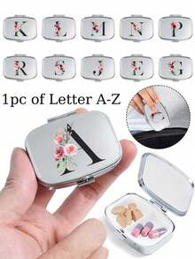 Square Pill Box With Pink Flower And Black Letter Pattern, Portable Medication Storage Compartment, Compact Jewelry And Pill Case, Portable Design, Creative Gift Suitable For Travel, Outdoor Activities, Giving To Family, Friends And Students, Easy To Open For Tablets, Perfect For Holiday Decoration Or Storing Small Items, Durable And Portable - Silver - View 1