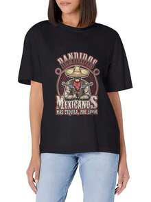 The Logo Of A Mexican Restaurant Featuring A Cowboy Wearing A Charro Hat - Women's Fitted, Short-Sleeved, Soft Cotton, Crew Neck, Basic And Versatile T-Shirt - 黑色 - 查看 1