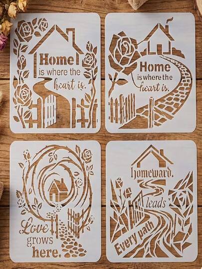 4pcs Reusable House Outline Stencils, Suitable For DIY Crafts, Farmhouse Wall Decor, Includes Wreath, Pebble Patterns And "Home Is Where The Heart Is" Quote Templates, Can Be Used For Scrapbooking, Greeting Cards, Fabric Painting