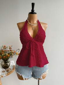 Rusttydustty Plus Size Women Textured Front Tie Halter Neck Top Summer - Red - View 5
