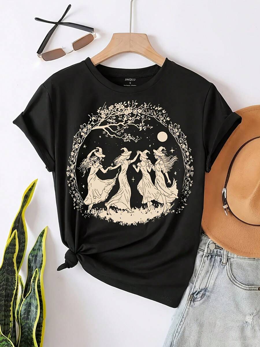 Casual T-shirtCamiseta de Mujer con Estampado de Moda Europea y Americana para Halloween100% CottonDurable - Negro - Ver 1