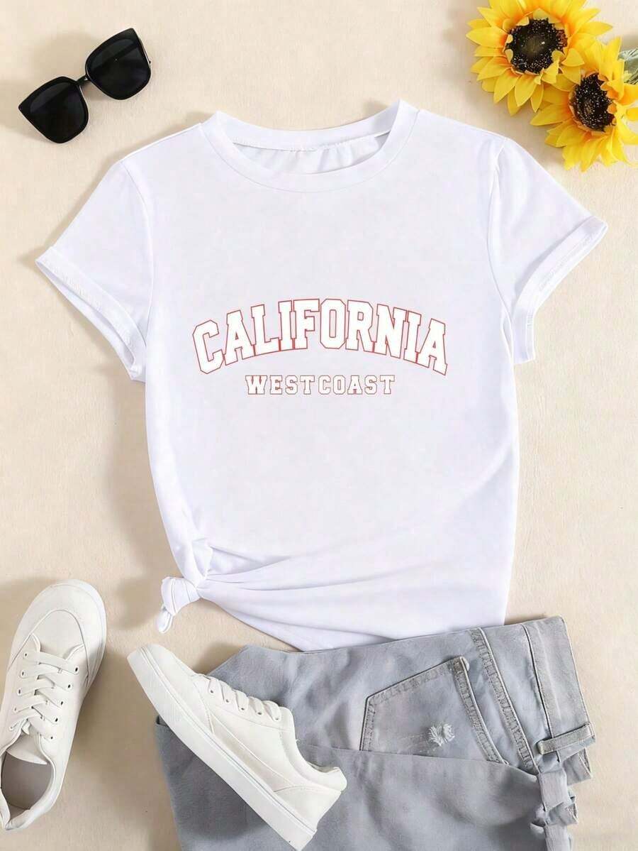 Camiseta de Mujer con Estampado Gráfico, Algodón Ligero, Verano, Nueva, Unisex, Moderna, Casual, Popular, Camiseta Deportiva de Manga Corta para Mujer - Diseño con Estampado de Letras de la  Oeste de California, Lavable a Máquina, Fácil de Combinar, Cómoda, Casual, Cuello Redondo, Mezcla de Poliéster de Alta Calidad, Adecuada para Todas las Temporadas, Múltiples Colores Disponibles, Divertida Camiseta de Manga Corta con Cuello Redondo Estampada, Adecuada para: Eventos Deportivos/Fiestas de Vacaciones/Salidas/Deportes y Otros Regalos Festivos. Camiseta Oversize para Mujer con Estampado 100% Algodón Puro. - Blanco - Ver 1