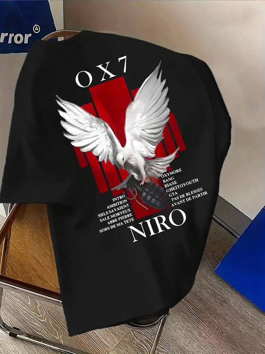 Camiseta Casual para Hombre con Estampado de la Letra 'Paloma Blanca' - Elegante Camiseta con Gráficos de Doble Cara, Cuello Redondo Cómodo Hecho de Tela, Adecuada para Uso Diario en la Moda Urbana.Camiseta Y2k - Negro - Ver 1
