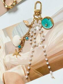 Ocean Style Seashell & Pearl Keychain, Starfish Conch Bag Charm, Beach Vacation Accessory - Multicolor - View 5