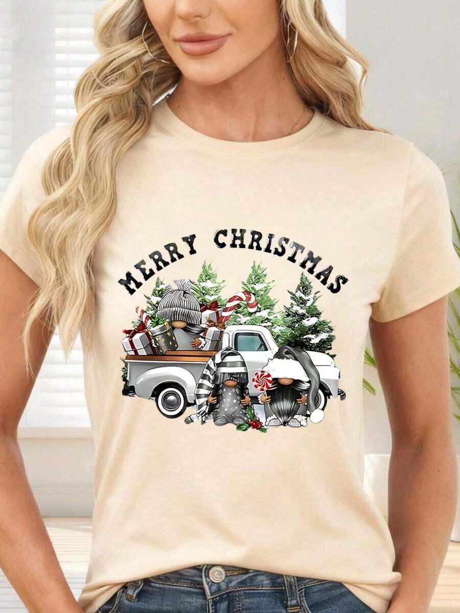 Gift Black Short Sleeve T-Shirt With Christmas Truck And Merry Christmas Print - Ideal For Parties And Winter Season. Suitable For Everyday, Casual Situations And Versatile To Combine. Soft - 杏 - 查看 1