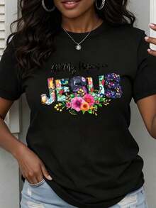 Camiseta de Cuello Redondo para Mujer con Estampado Floral "Toda Mi Esperanza Está en Jesús", Manga Corta, Ropa Casual de Fe Cristiana para la Vida Diaria, Eventos de Iglesia y Reuniones Religiosas - Negro - Ver 7
