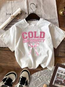 Camiseta de manga corta con cuello redondo para mujer con estampado de número 0603 - Blusa de corte casual y relajado, tela de elasticidad media para atuendos casuales de primavera y verano, top lavable a máquina en (por ejemplo) uniformes o conjuntos casuales Y2k Camiseta Camisa De - Blanco - Ver 10