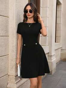 Vestido mini elegante y chic de mujer con unicolor, decoración de botones y encaje en la cintura, para el verano - Negro 2 - Ver 6